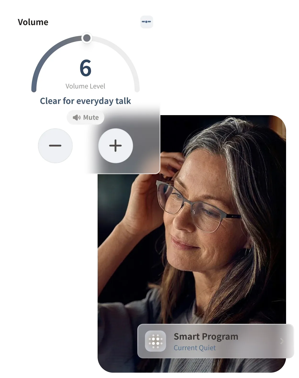 A woman wearing the Aurio glasses, with the app's volume control and Smart Program cards floating beside her
