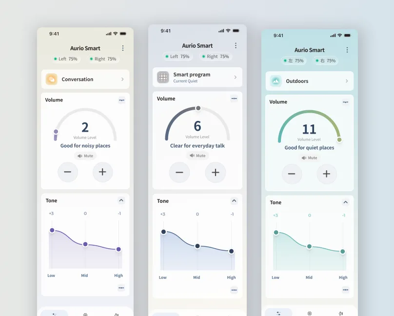 The Aurio app in three color modes: Conversation, Smart Program, and Outdoors, each shifting the whole screen to a different color