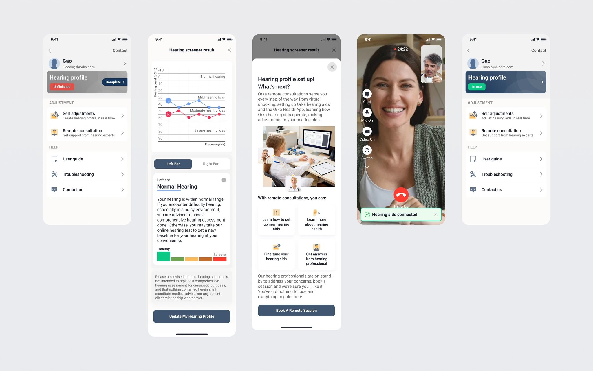 Hearing profile setup, audiogram results, remote consultation booking, and live video fitting session