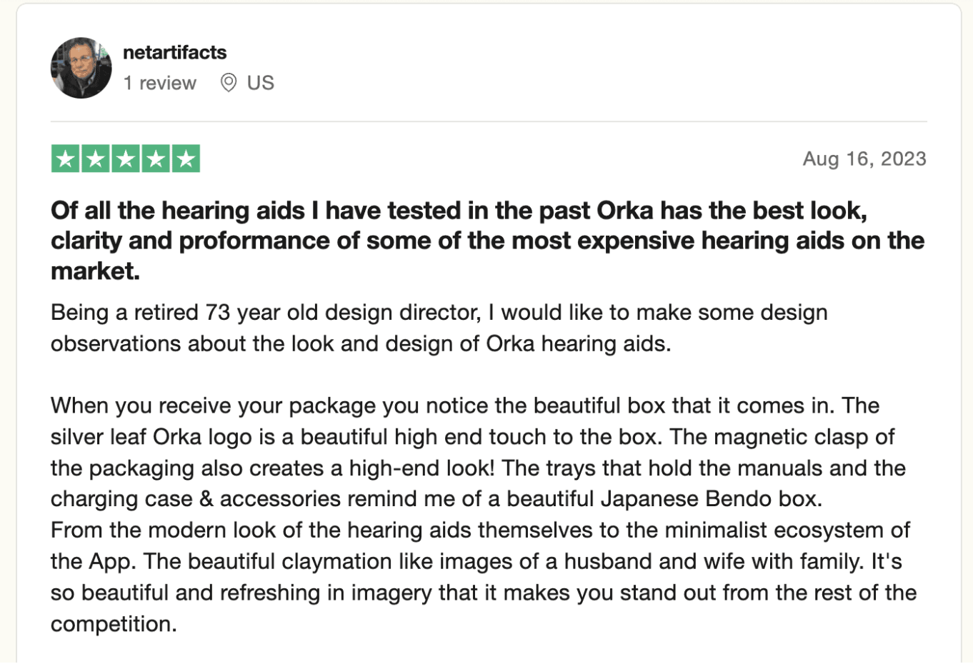 Trustpilot 5-star review from a retired design director praising Orka's packaging, app design, and claymation imagery