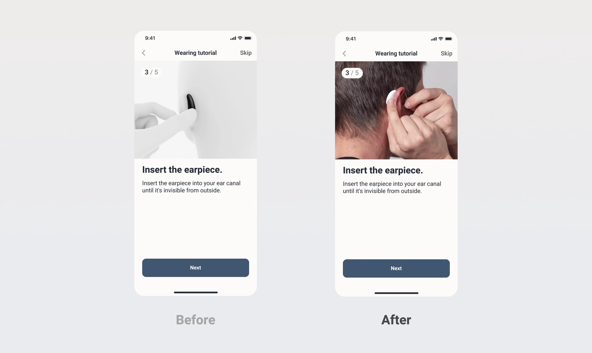 Before and after of the wearing tutorial — 3D illustrations replaced with real photography